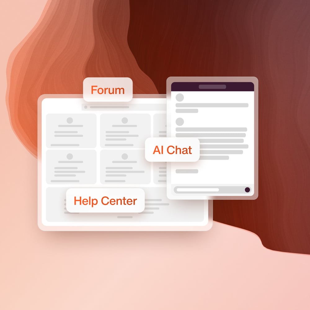 Illustration med funktioner som 'Forum', 'AI Chat' och 'Help Center' visade över en stiliserad bakgrund i varma toner