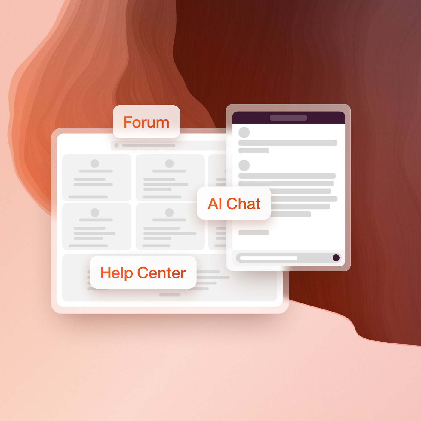 Illustration med funktioner som 'Forum', 'AI Chat' och 'Help Center' visade över en stiliserad bakgrund i varma toner