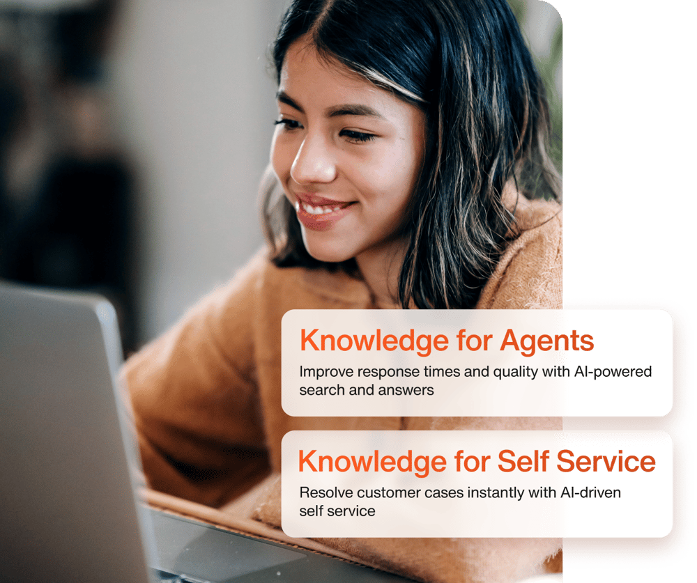 Kvinna som arbetar vid en dator, med text om AI-drivna funktioner: 'Knowledge for Agents' och 'Knowledge for Self Service'