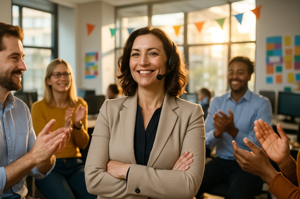 Stolt kundservicechef i kontorslandskap