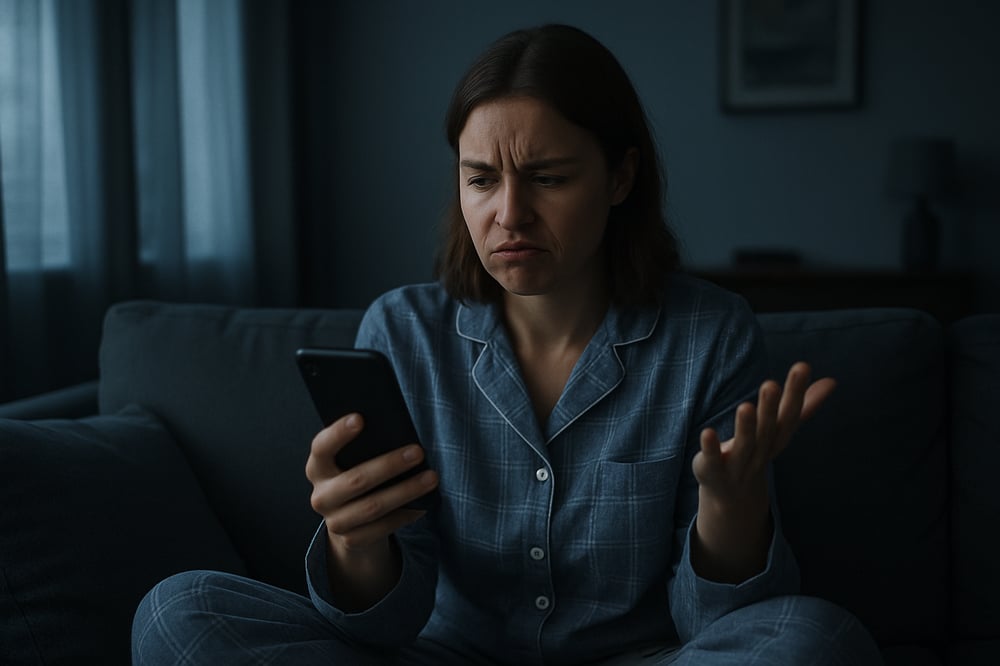 Missnöjd kvinna som pratar med en AI Chat på telefonen