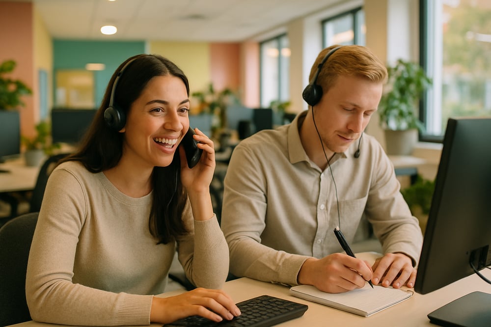 två kundservicemedarbetare som svarar på samtal